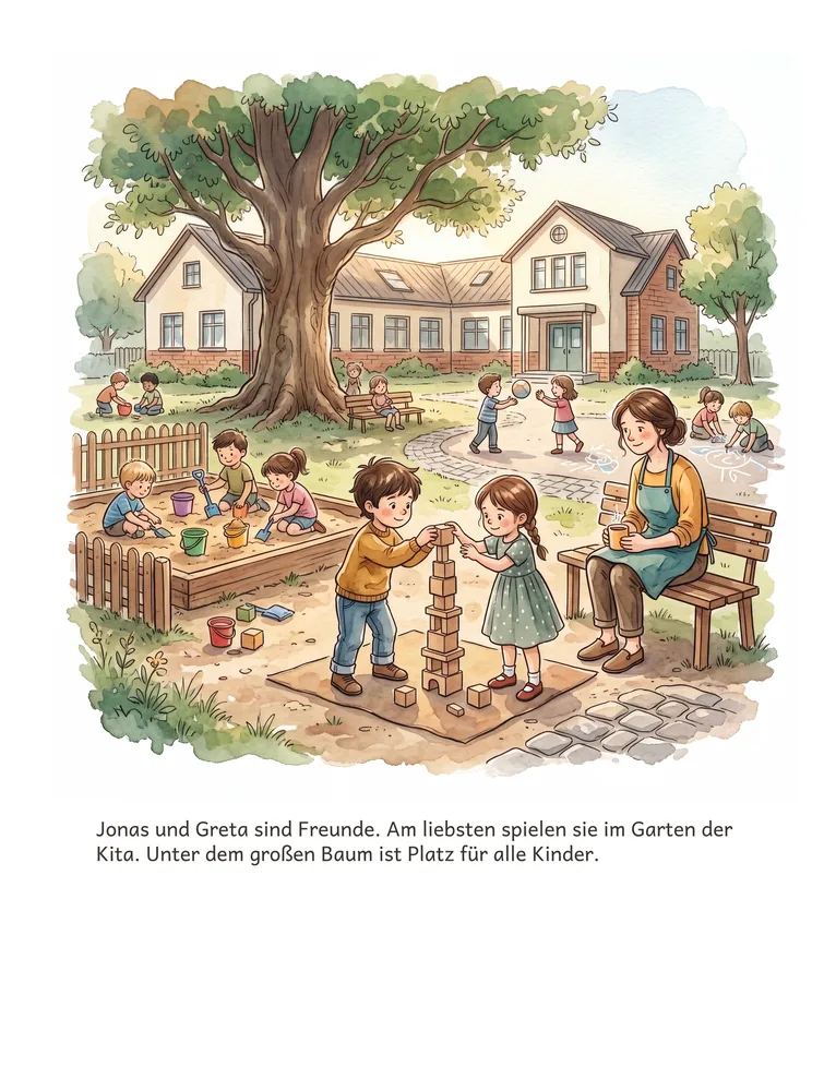 Jonas und Greta sind Freunde. Am liebsten spielen sie im Garten der Kita. Unter dem großen Baum ist Platz für alle Kinder.