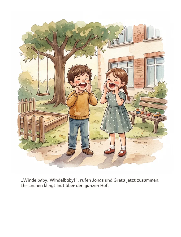 „Windelbaby, Windelbaby!“, rufen Jonas und Greta jetzt zusammen. Ihr Lachen klingt laut über den ganzen Hof.