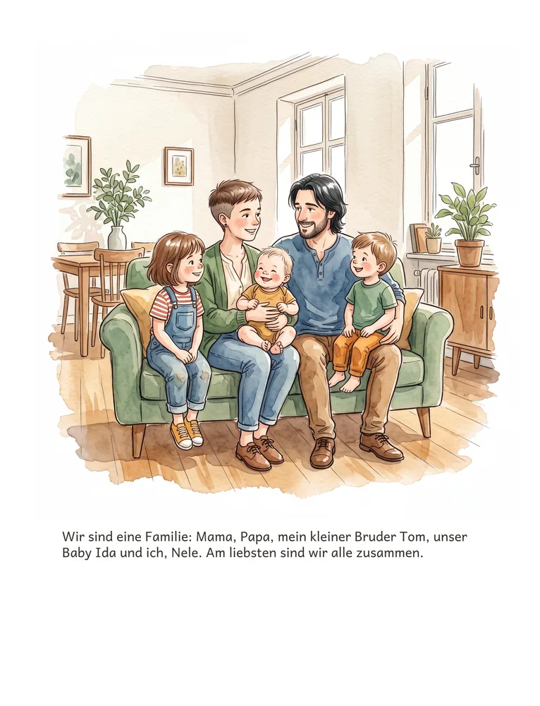 Wir sind eine Familie: Mama, Papa, mein kleiner Bruder Tom, unser Baby Ida und ich, Nele. Am liebsten sind wir alle zusammen.