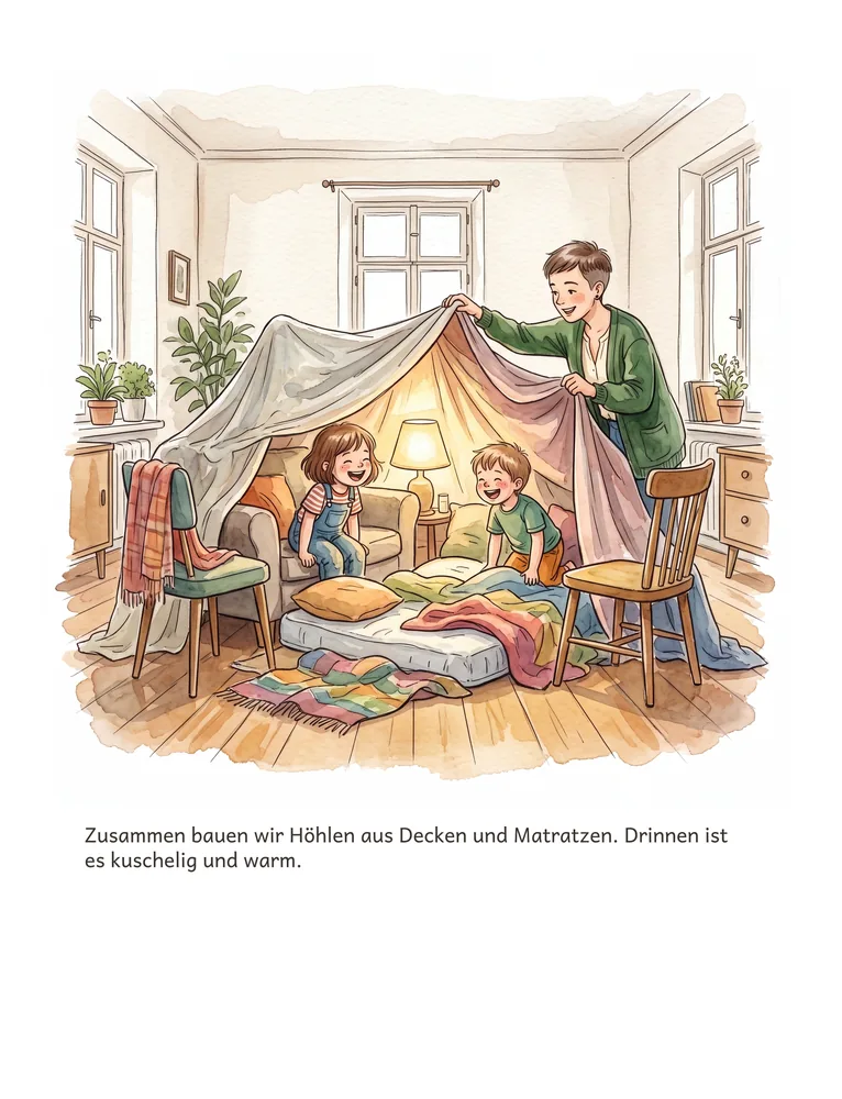 Zusammen bauen wir Höhlen aus Decken und Matratzen. Drinnen ist es kuschelig und warm.