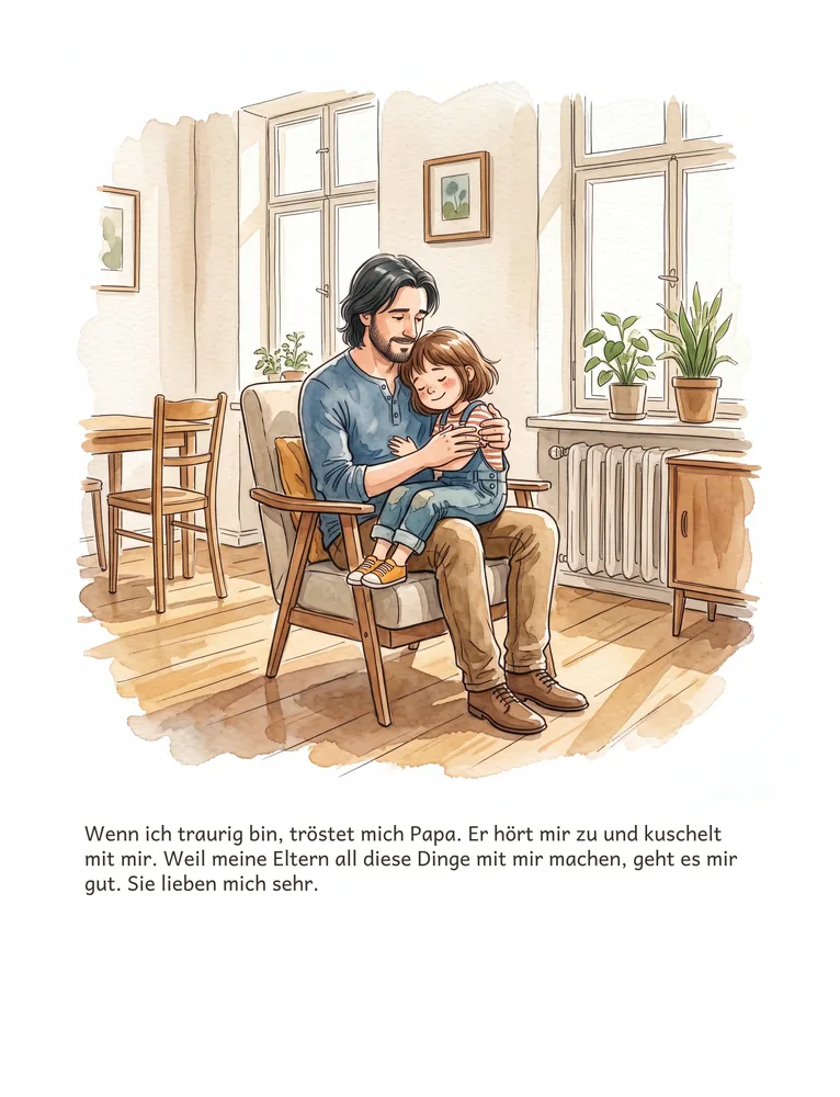 Wenn ich traurig bin, tröstet mich Papa. Er hört mir zu und kuschelt mit mir. Weil meine Eltern all diese Dinge mit mir machen, geht es mir gut. Sie lieben…