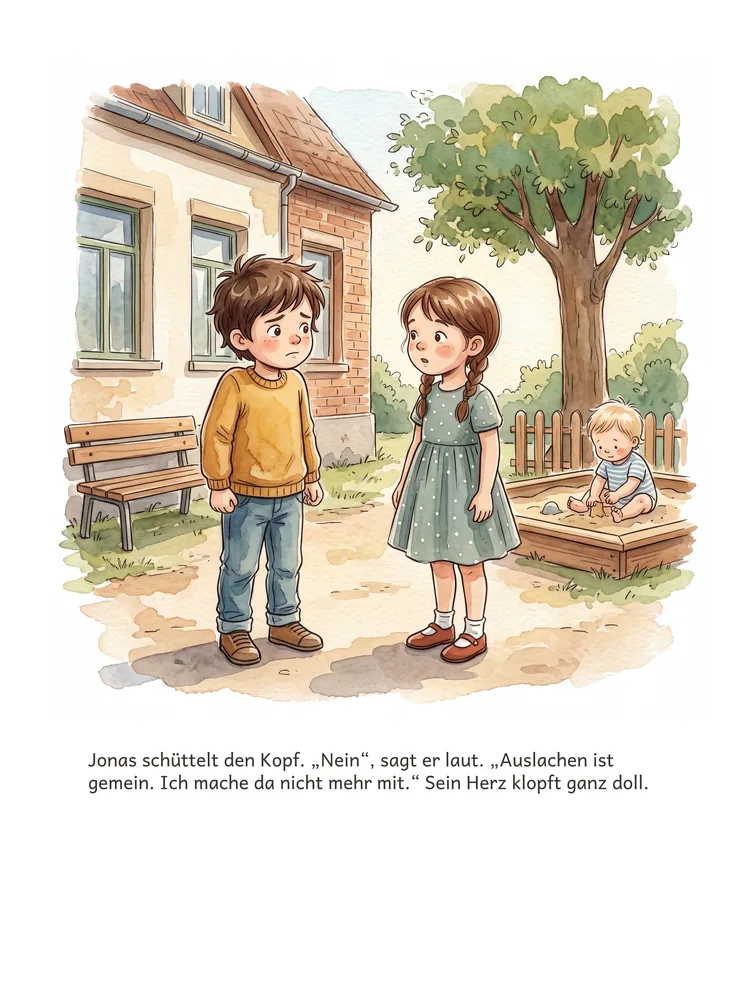 Jonas schüttelt den Kopf. „Nein“, sagt er laut. „Auslachen ist gemein. Ich mache da nicht mehr mit.“ Sein Herz klopft ganz doll.
