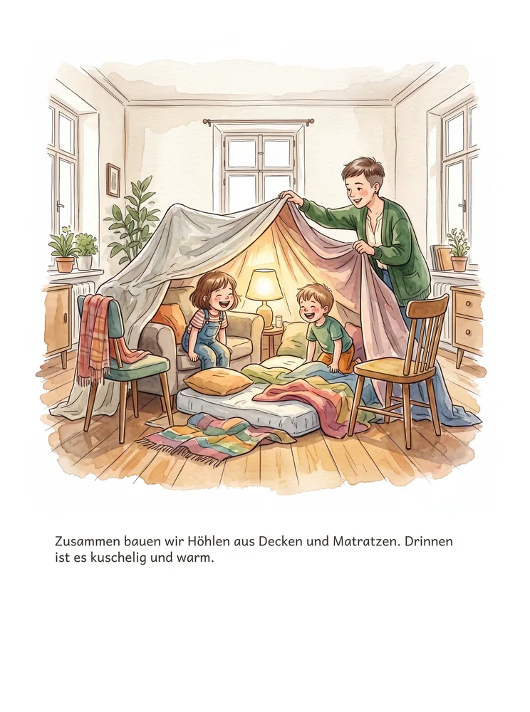 Zusammen bauen wir Höhlen aus Decken und Matratzen. Drinnen ist es kuschelig und warm.