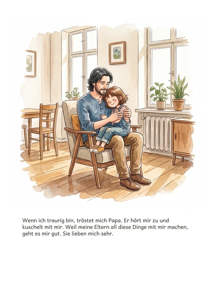 Wenn ich traurig bin, tröstet mich Papa. Er hört mir zu und kuschelt mit mir. Weil meine Eltern all diese Dinge mit mir machen, geht es mir gut. Sie lieben…