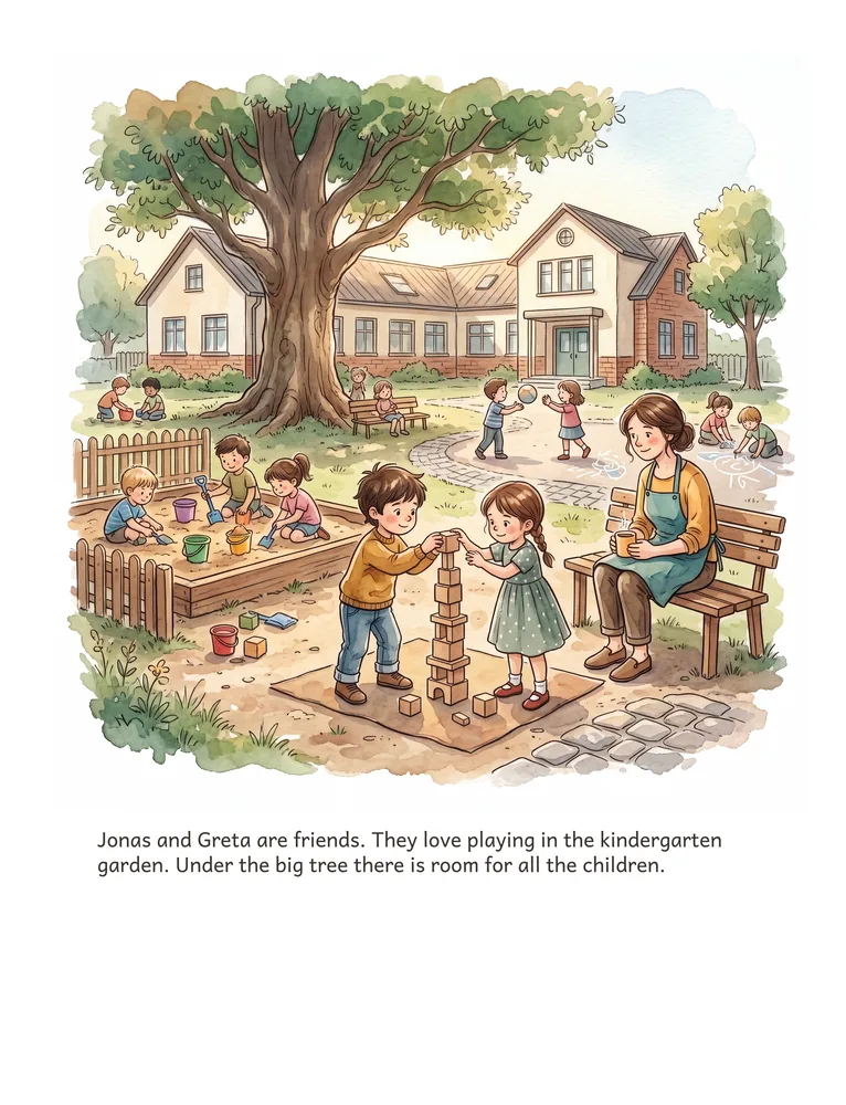 Jonas and Greta are friends. They love playing in the kindergarten garden. Under the big tree there is room for all the children.