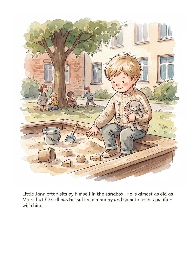 Little Jann often sits by himself in the sandbox. He is almost as old as Mats, but he still has his soft plush bunny and sometimes his pacifier with him.