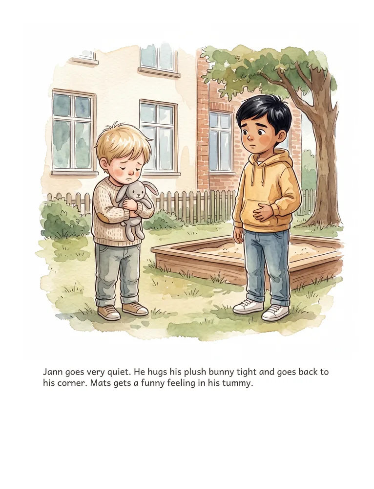 Jann goes very quiet. He hugs his plush bunny tight and goes back to his corner. Mats gets a funny feeling in his tummy.