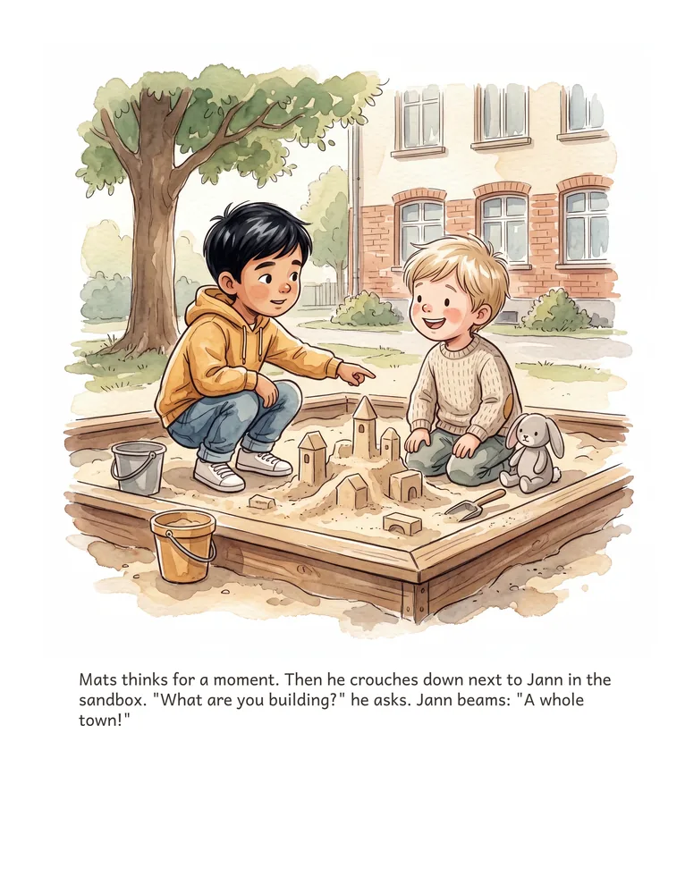 Mats thinks for a moment. Then he crouches down next to Jann in the sandbox. "What are you building?" he asks. Jann beams: "A whole town!"