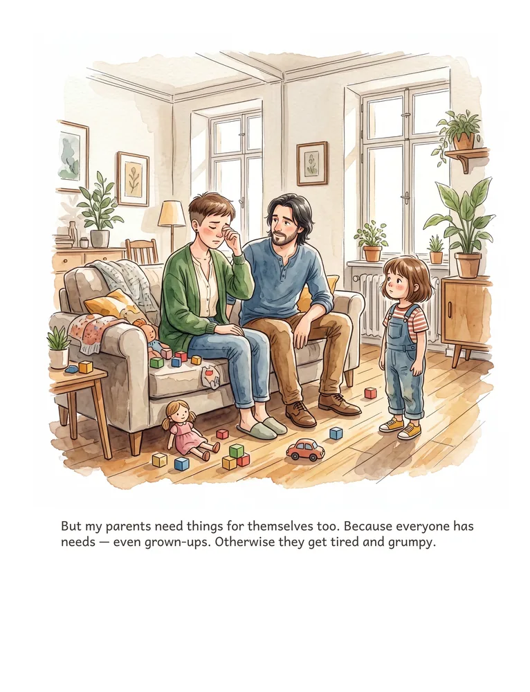 But my parents need things for themselves too. Because everyone has needs — even grown-ups. Otherwise they get tired and grumpy.