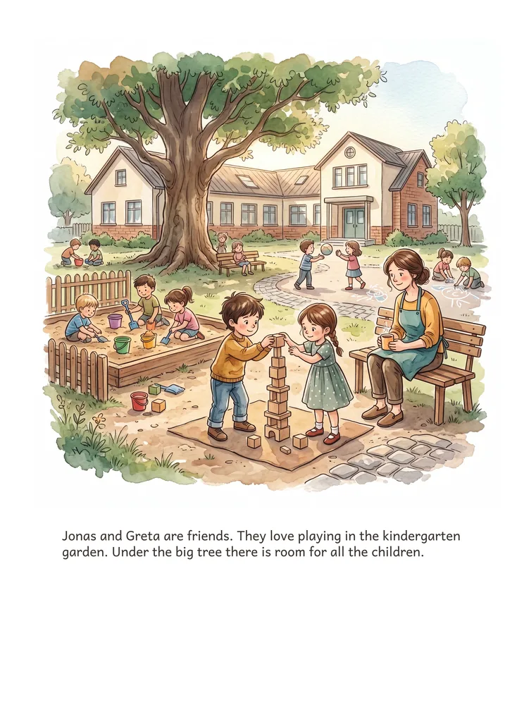 Jonas and Greta are friends. They love playing in the kindergarten garden. Under the big tree there is room for all the children.