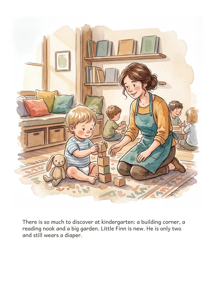 There is so much to discover at kindergarten: a building corner, a reading nook and a big garden. Little Finn is new. He is only two and still wears a diaper.