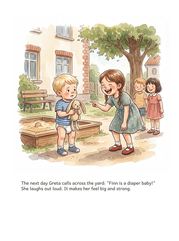 The next day Greta calls across the yard: "Finn is a diaper baby!" She laughs out loud. It makes her feel big and strong.