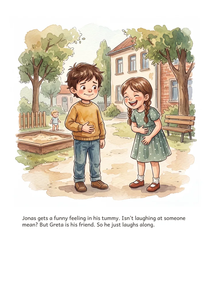 Jonas gets a funny feeling in his tummy. Isn't laughing at someone mean? But Greta is his friend. So he just laughs along.
