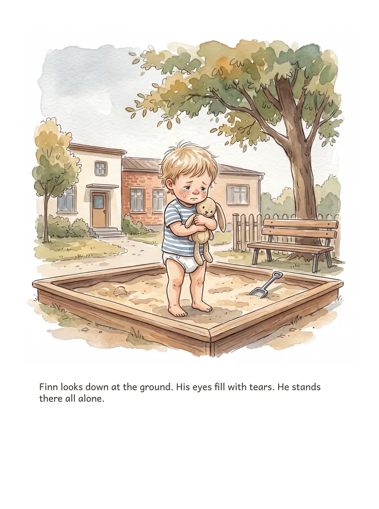Finn looks down at the ground. His eyes fill with tears. He stands there all alone.