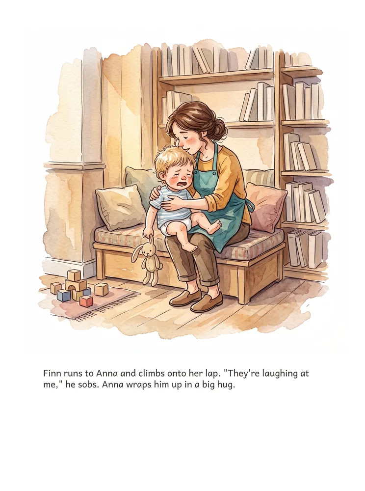 Finn runs to Anna and climbs onto her lap. "They're laughing at me," he sobs. Anna wraps him up in a big hug.