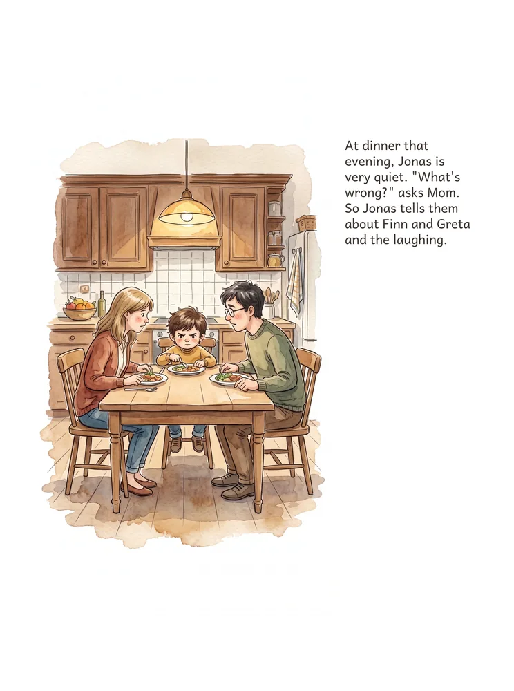 At dinner that evening, Jonas is very quiet. "What's wrong?" asks Mom. So Jonas tells them about Finn and Greta and the laughing.