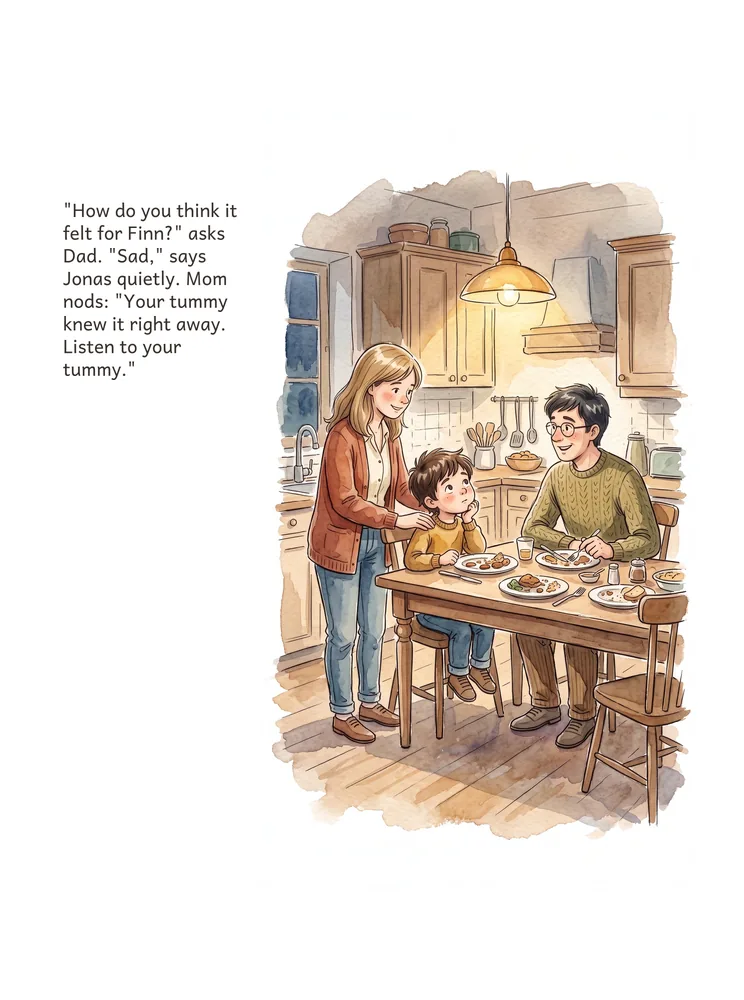"How do you think it felt for Finn?" asks Dad. "Sad," says Jonas quietly. Mom nods: "Your tummy knew it right away. Listen to your tummy."