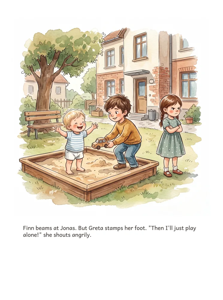 Finn beams at Jonas. But Greta stamps her foot. "Then I'll just play alone!" she shouts angrily.