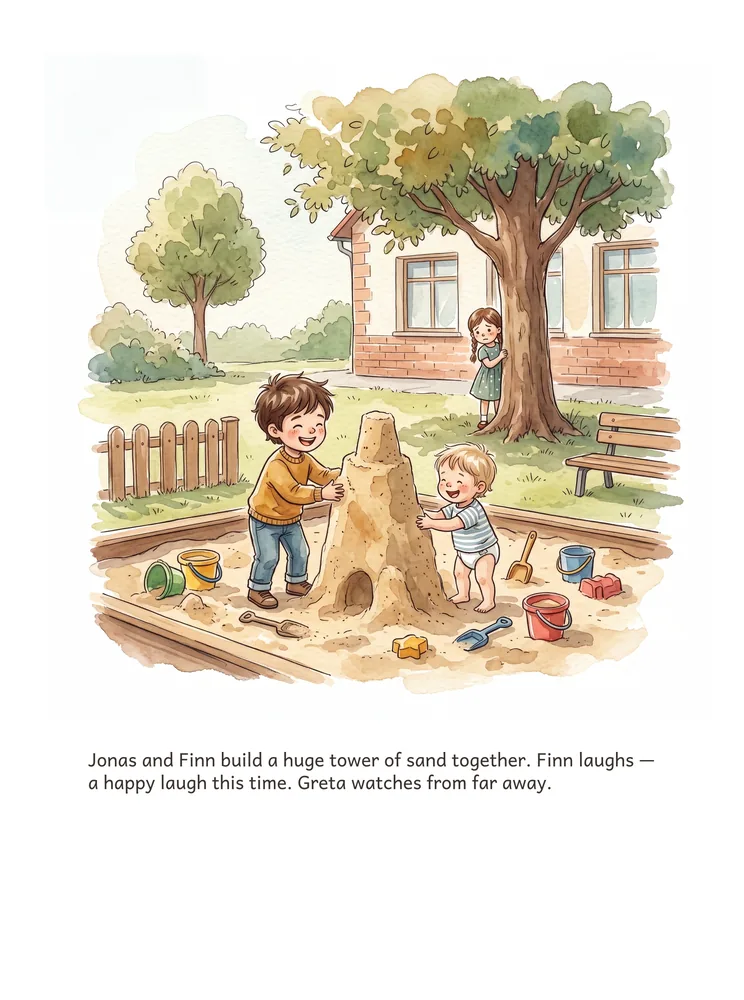 Jonas and Finn build a huge tower of sand together. Finn laughs — a happy laugh this time. Greta watches from far away.