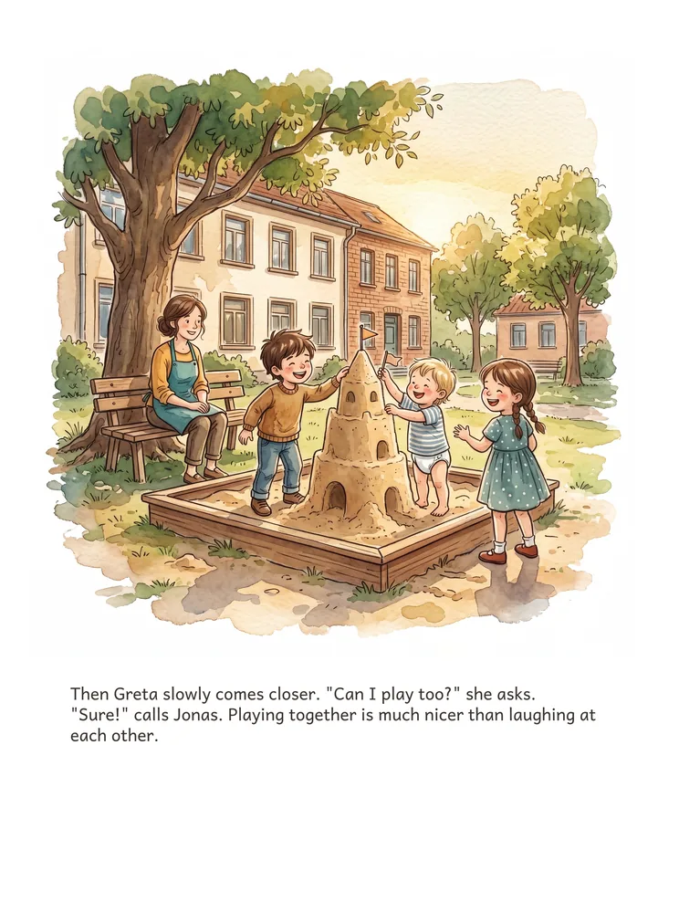 Then Greta slowly comes closer. "Can I play too?" she asks. "Sure!" calls Jonas. Playing together is much nicer than laughing at each other.